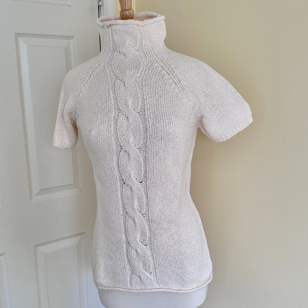 LL Bean Hand Knit Mock Neck Short Sleeve Cable Front Top